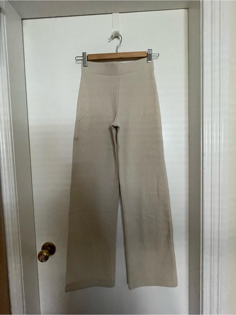 OAK Ribbed Wide-Leg Knit Pants in Light Beige